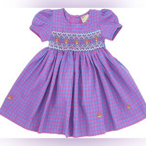 Gingham smocked dress puff sleeve bow embroidered flowers toddler girl Easter